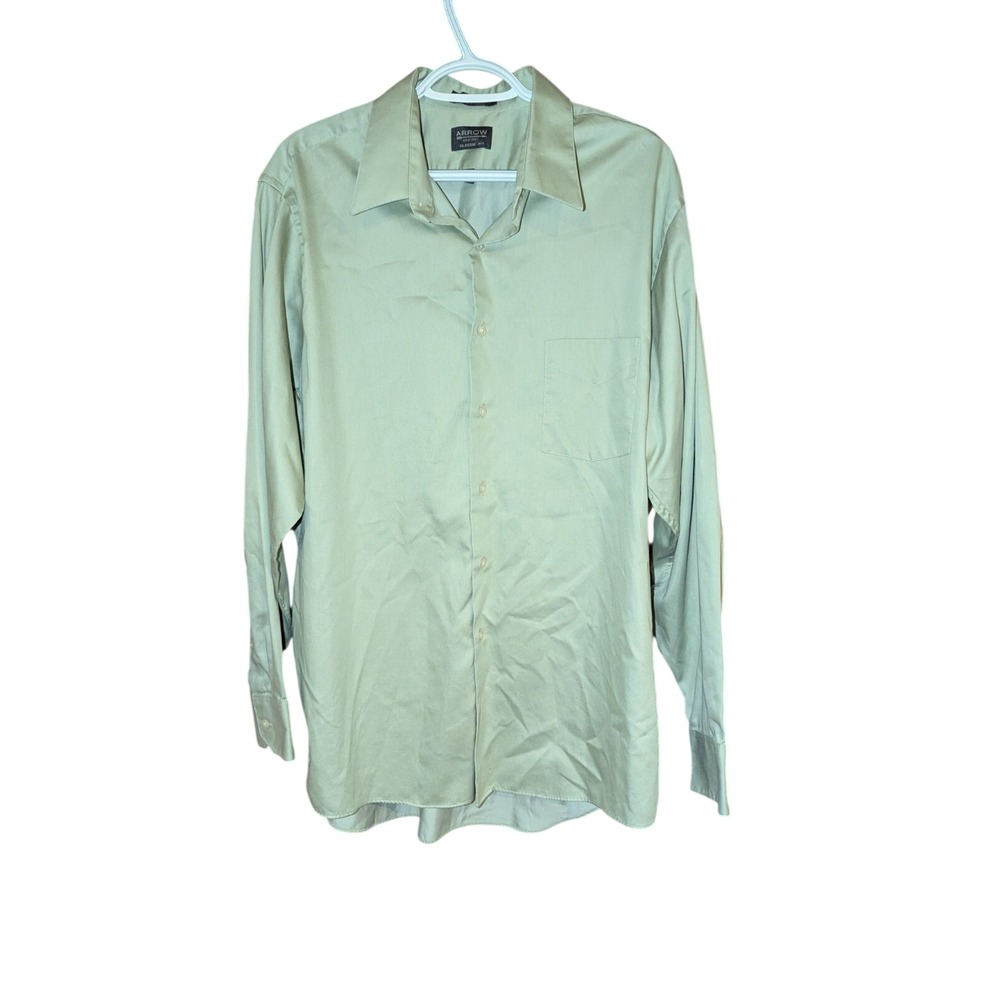 Arrow Dress Shirt Mens 17 34/35 Sage Green Excellent Wrinkle Free Sateen Classic